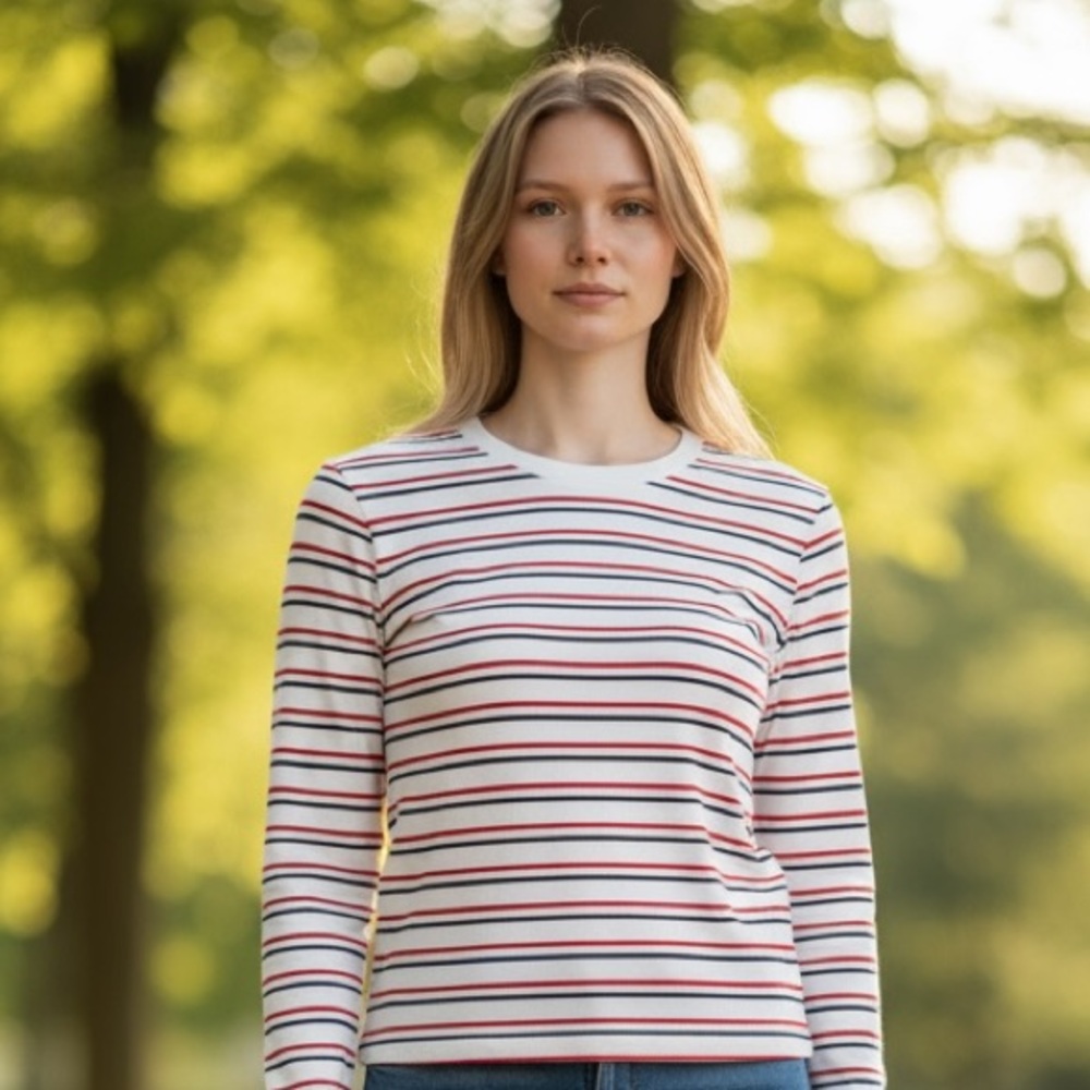 Talbots White and Red Striped Long Sleeve Top